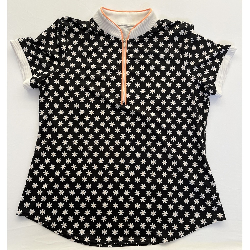 Jofit Women Large Black Daisy 1/4 Zip Shirt Short Sleeves Golf Polo Athletic